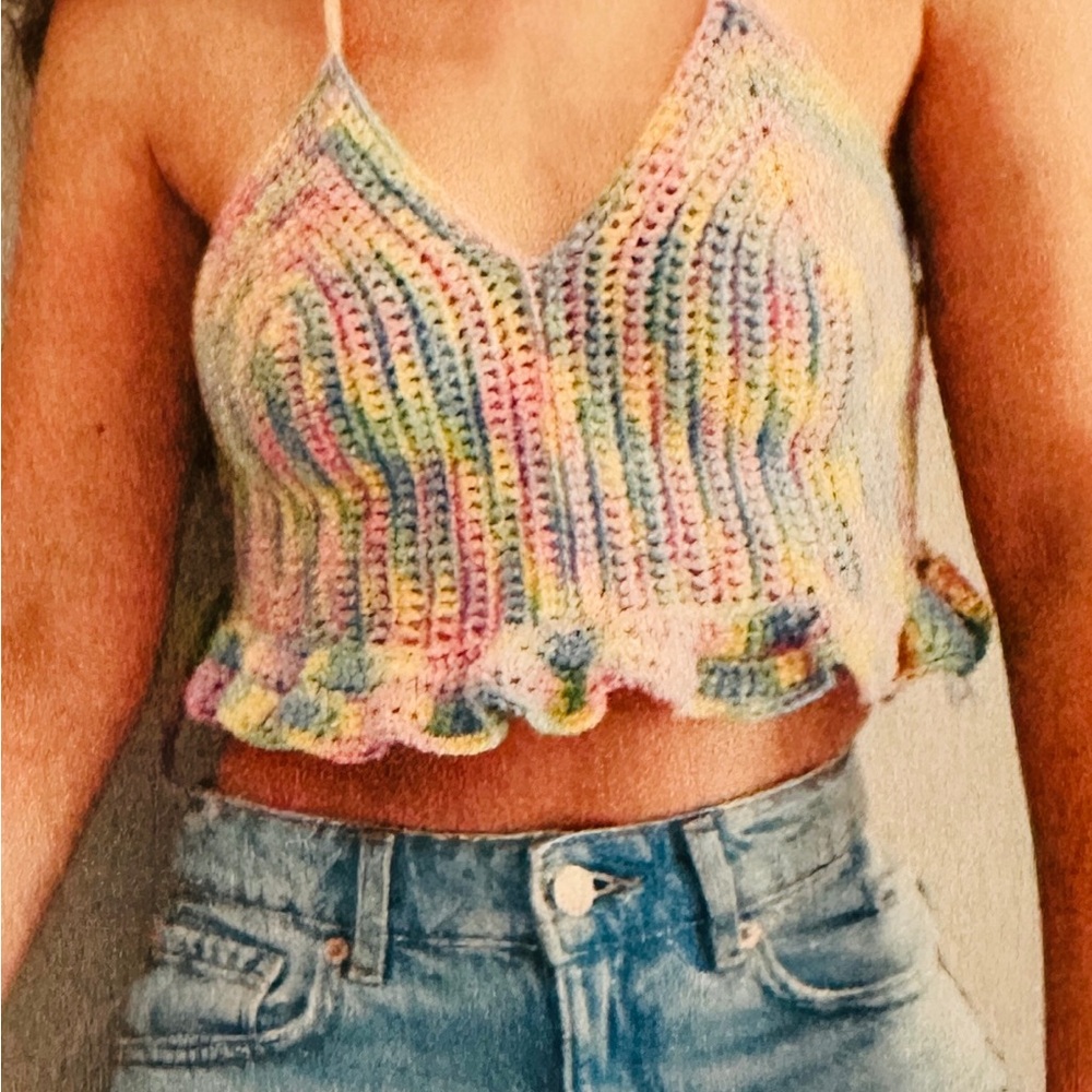 SALE $15 Striped Crochet Crop Halter Top - Picture 2 of 6